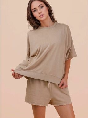 Beige mineral wash pocket boho top and tie waist short resort Lounge comfort set